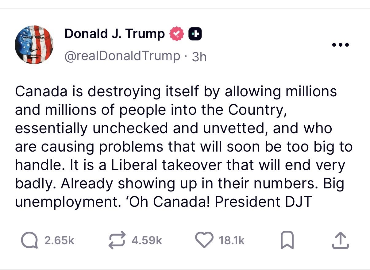 Trump Says Canada Is “Destroying Itself” Over Immigration, Points to Unemployment